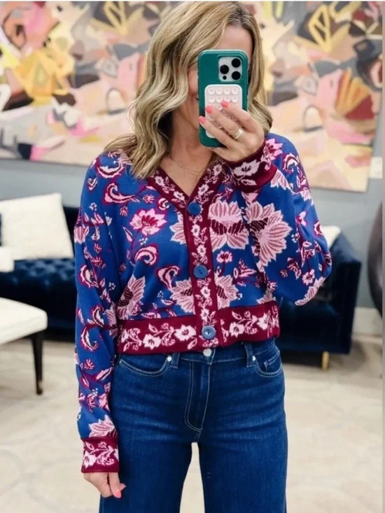 Farm Rio Flower Delicacy Jacquard Cardigan M - Picture 1 of 7